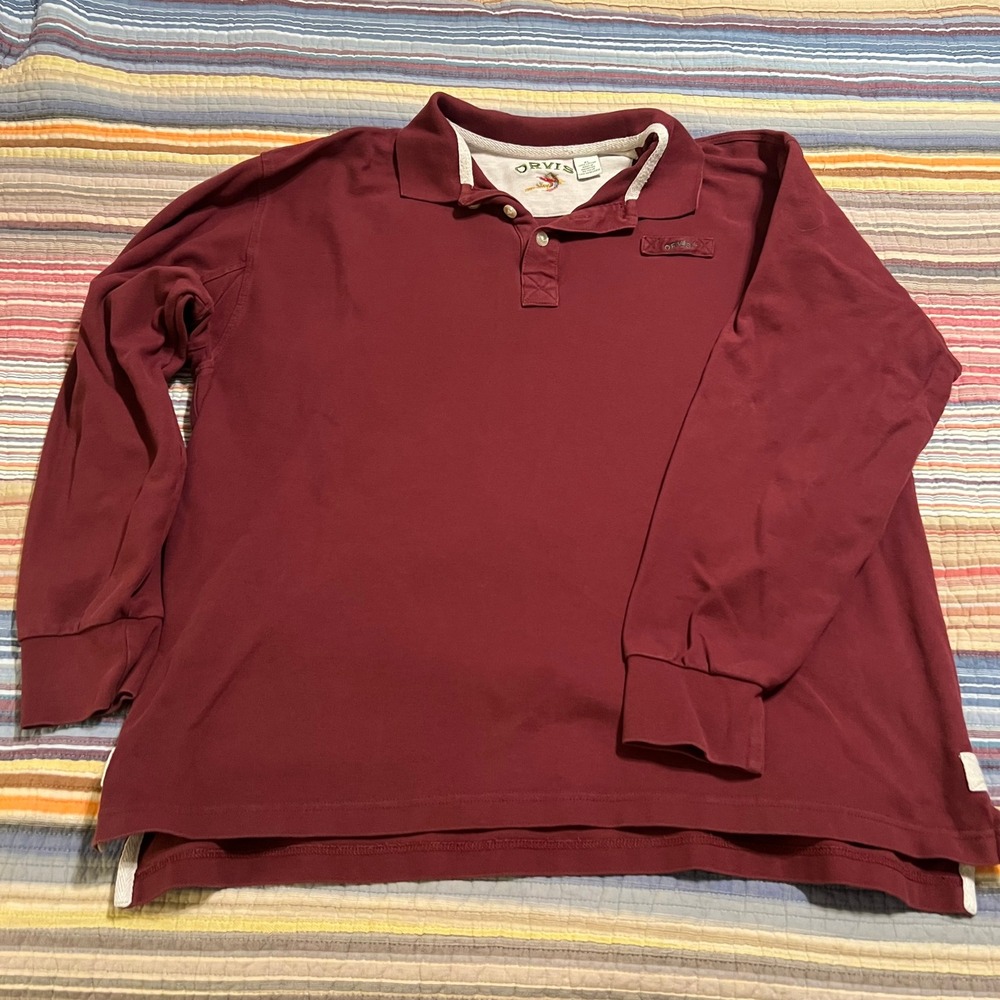 ORVIS Mens Long Sleeve Burgundy Polo Shirt‎ Embroidered Bird Logo Size XL Cotton